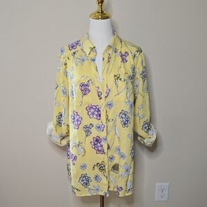 Charter Club Butter Yellow Floral Linen Button Down Grandma Core Cottagecore